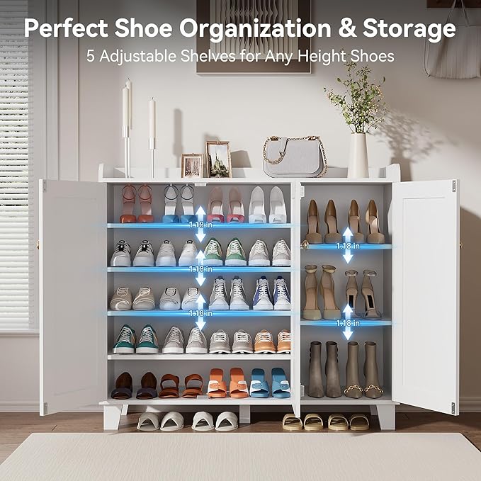 Shoe Storage Cabinet with 3 Doors and Adjustable Shelves，40 Inch Tall Farmhouse Flat-Shelf Wooden Shoe Cabinet，Shoe Rack Shoe Organizer Cabinet for Hallway Entryway Living Room （White）