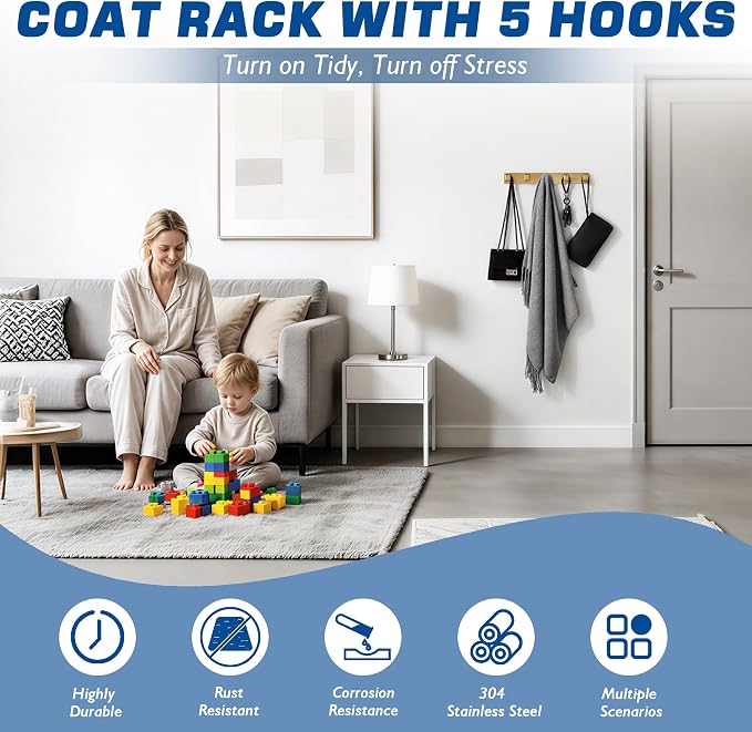 Alise Gold Coat Hooks Wall Mounted,Hat and Coat Rack with 5 Hooks | Self Adhesive or Drilling,SUS304 Stainless Steel Wall Hooks for Hanging,Key Hooks for Robes,Bags,Keys,and Towels
