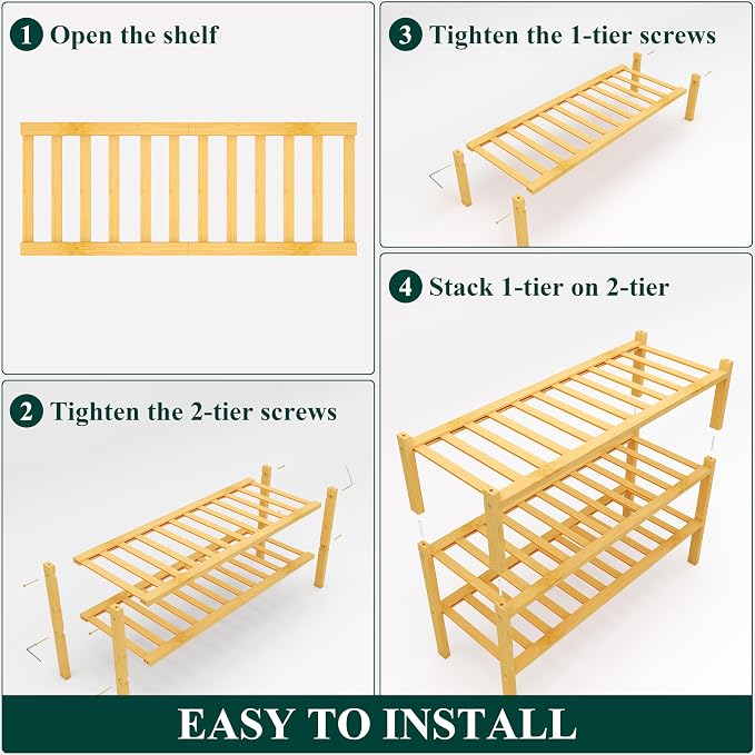 Smiry Shoe Rack, 3 Tier Bamboo Shoe Organizer, Stackable Free Standing Wooden Shoe Storage Shelf for Closet, Entryway, Front Door Entrance, Natural (Pack of 2)