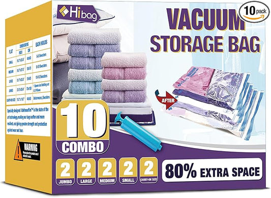HIBAG Vacuum Storage Bags, 10-Pack Vacuum Seal Bags for Clothing Clothes, Space Saver Bags (2 Jumbo, 2 Large, 2 Medium, 2 Small, 2 Roll-up) with Pump (10-Combo) | Various Size, Airtight Triple Seal, Save 80% Space, Hand Pump, Work with Vacuum, Double Z...