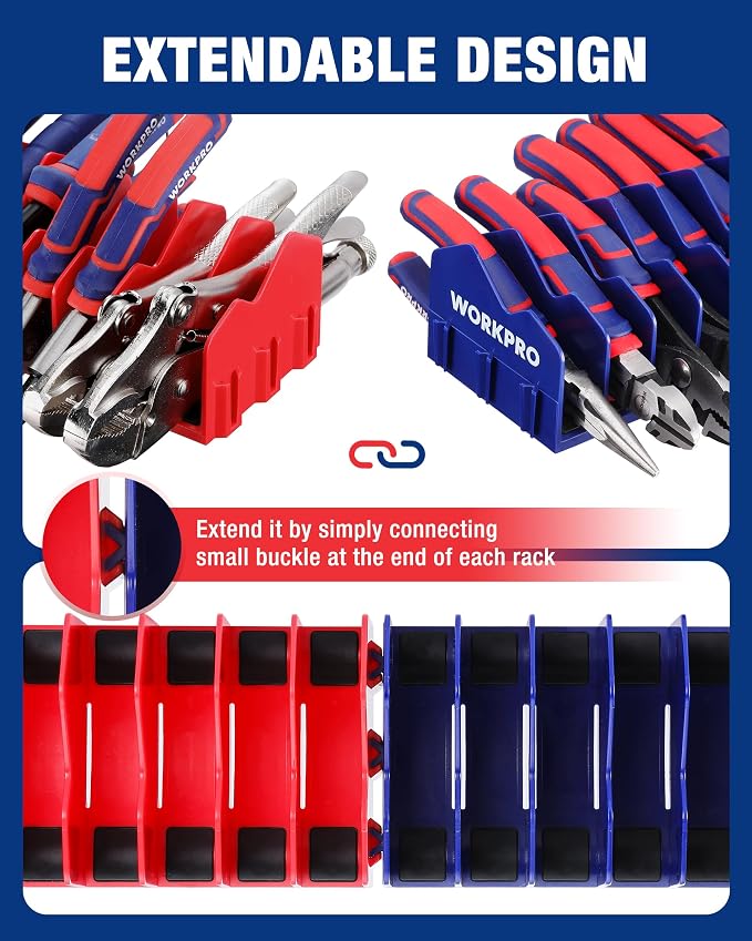WORKPRO 4-Pack Plier Organizer Rack, 40-Slot Tool Organizer and Storage | Large Capacity Plier Holder, Non-Slip Rubber Base, High-Strength Plastic, Extendable Tool Box Organizer, Pliers Not Included
