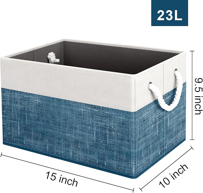 Fab totes Storage Bins 4-Pack, Foldable Storage Baskets for Organizing Toys, Books, Shelves, Closet, Large Storage Box with Rope Handles, Sturdy Organizer Bins, White & Blue