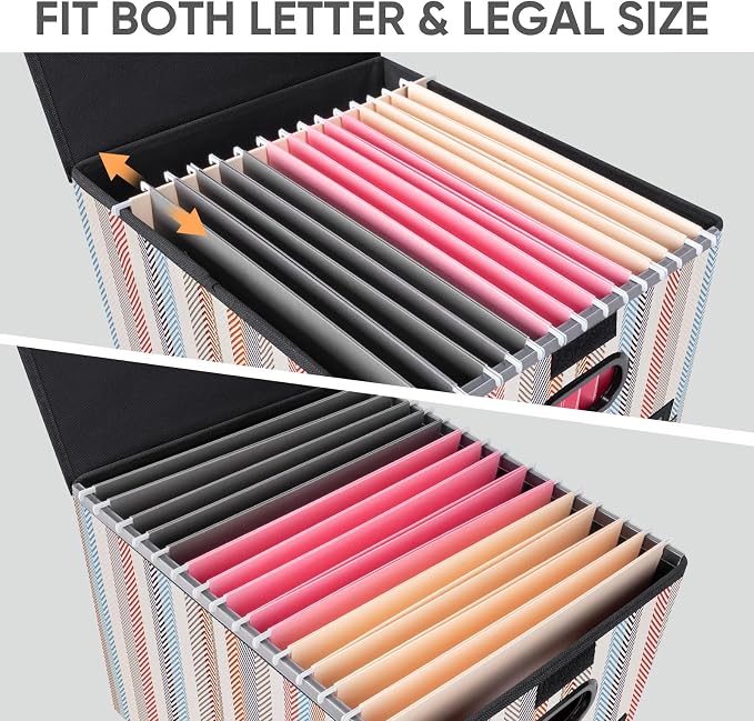 BALEINE File Organizer Box with Lid, Collapsible File Folder Organizer with Plastic Slide, Hanging File Folder Box for Office Document Storage (1 Pack, Color Stripe)