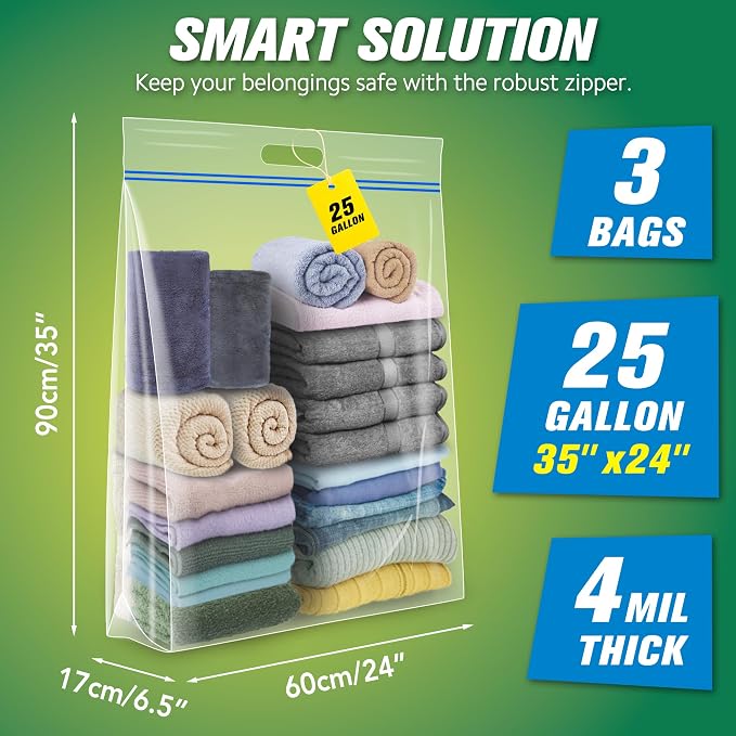 HIBAG 25 Gallon Jumbo Storage Bags, 35” x 24” Resealable Clear Bags with Handle, Extra Large XL Heavy Duty for Clothes Pillow Travel Moving, Pack of 3 | XL Big Gaint, 35” x 24”, with Handle, Double Lock, for Clothes Travel Moving, Heavy Duty Zip, Clear...