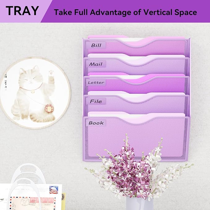 5 Pockets Hanging Wall File Organizer Mail Holder, Wall Mounted Paper Document Folder Holder, Clipboard Storage Organization Magazine Rack, Light Purple