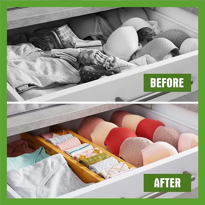 Bamboo Drawer Dividers, Expandable Drawer Separators Splitter, 17-22 inches Adjustable Spring-loaded Organizer for Large Utensil, Clothes, Tools Drawers, 6 Pack Dividers + 4 Pack Baffle