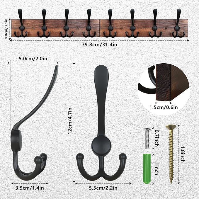 IBosins Wall Mounted Coat Rack, 31.4" Long with 8 Black Rustic Tri-Hooks | Burnt Finish Metal Wood Entryway Hanging Coat Hook Rack for Coat, Bag, Towel, Key, Hat, Umbrella