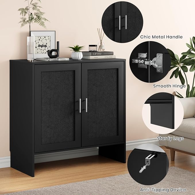 DHZ Buffet Cabinet with Storage, Farmhouse Sideboard with Black Rattan Doors & Adjustable Shelf, 31.5" Narrow Coffee Bar Cabinet, Kitchen Storage Credenza, Entryway Accent Liquor Cabinet
