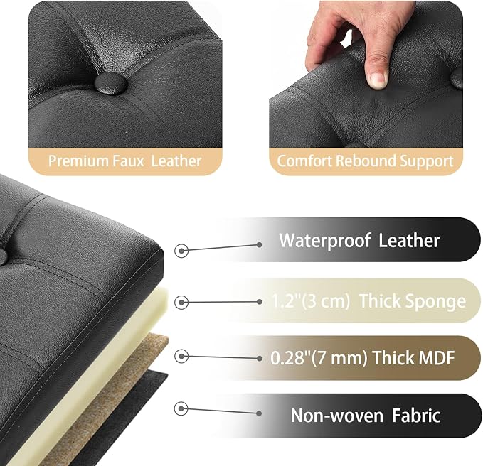 Bsketa Storage Ottoman Bench, 34" Folding Leather Foot Rest Stool, Black | Large Ottoman with Storage, Thicker Foam Padded Seat, Livingroom, Dorm, Bedroom, Easy to install, 86L,34 x 13 x 13in