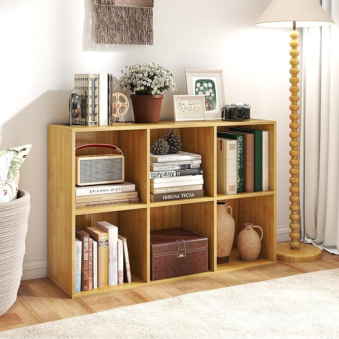 Giantex 6-Cube Bookcase, 3-Tier Cubby Bookshelf, Burlywood | Horizontal Vertical Display Rack with Anti-Tipping Kits, Modern Storage Organizer Shelf Unit for Living Room, Home Office