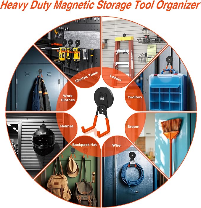 8 Pack Heavy Duty Storage Magnetic Utility Hooks Large Garage Strong Extra Magnet Hooks Hanger with Anti-Slip Coating Heavy Duty Magnetic Hooks for Hanging Power Dril Garage Garden Tools Orange