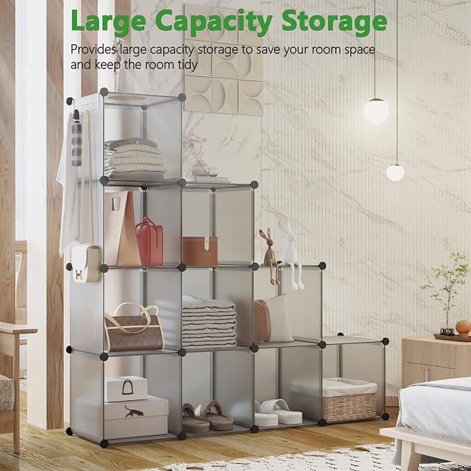 C&AHOME Cube Storage Organizer, 12-Cube Shelf Units, Closet Cabinet Grey | DIY Plastic Modular Bookshelf, Stackable Clothes Organizer Shelving Ideal for Home, Bedroom, 36.6" L x 12.4" W x 48.4" H