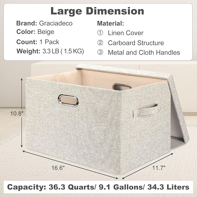 Graciadeco Large 17 36 Quart Collapsible Stackable Storage Bins with Lids, 1 Pack Beige Foldable Fabric Closet Storage Boxes with Lids, 4 Handles Toy Heavyduty Dark Gray Linen Storage Cube Box | 36 Quart 1 Pack Beige Collapsible Stackable Linen Fabric ...