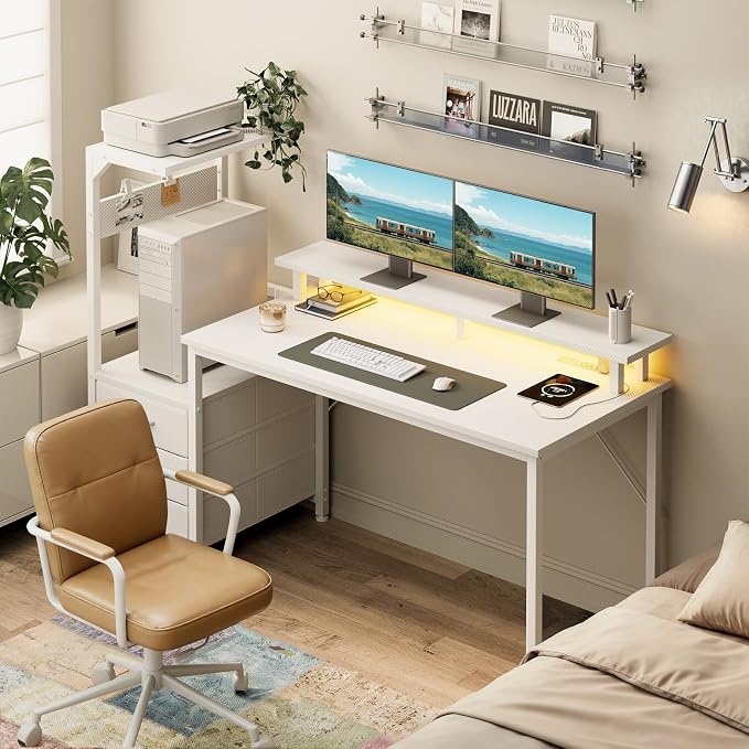 AODK 59 Inch Gaming Desk with USB Charging Ports & LED Light- Reversible Computer Desk with Storage Shelves & Monitor Stand, Modern Gamer Desk Table with Fabric Drawers, White