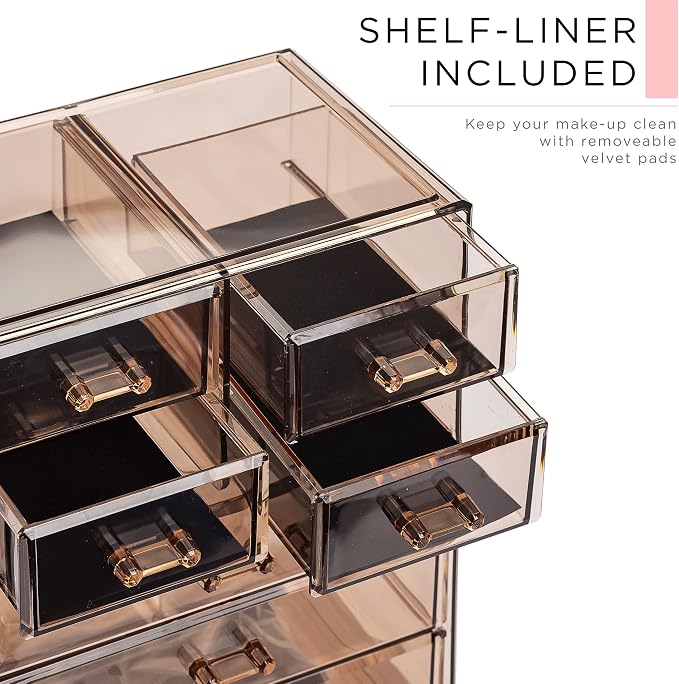 Sorbus Acrylic Makeup Organizer Set, 7-Drawer Vanity & Countertop Cosmetic Storage with Small & Wide Compartments, Bronze Glow Makeup Storage for Brushes, Jewelry – Holiday Gift for Women & Teens