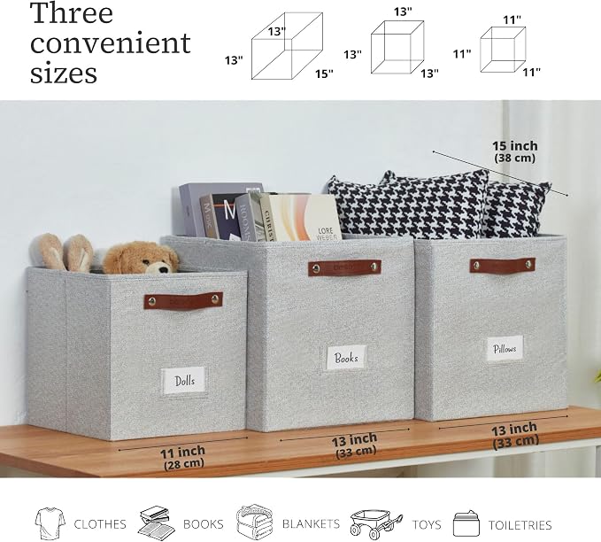 DECOMOMO Storage Bins, Storage Baskets for Shelves | 13" x 15" x 13" Storage Cube Bins with Labels for Organizing Shelves (Kallax, 4pcs, Light Texture Grey)