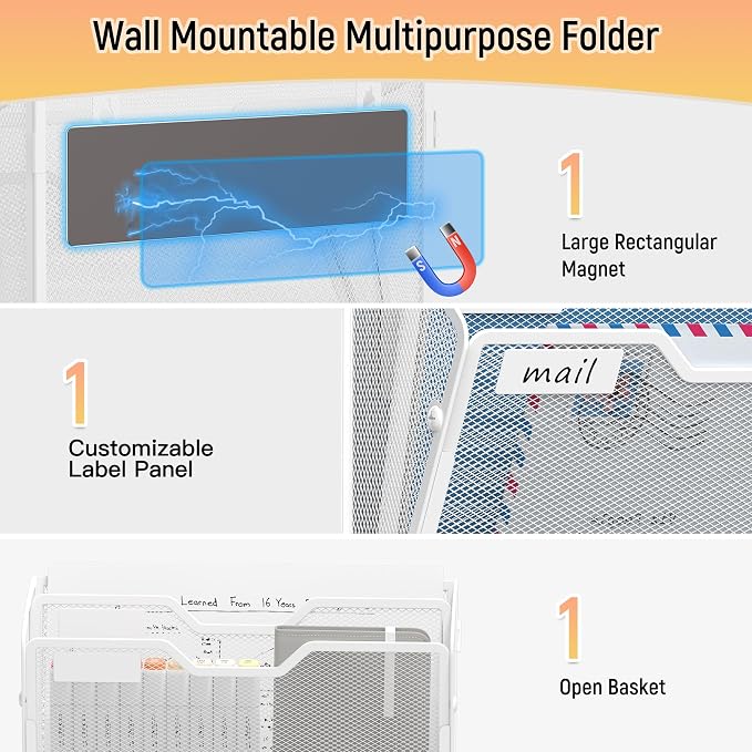 Docnest 3 Pack 2 Tier Dual-Mount Magnetic Mesh File Holders, Wall Organizer | Mount magnets or screws. 2-in-1 hanging mesh mail letter organizer with hooks for office and home clutter
