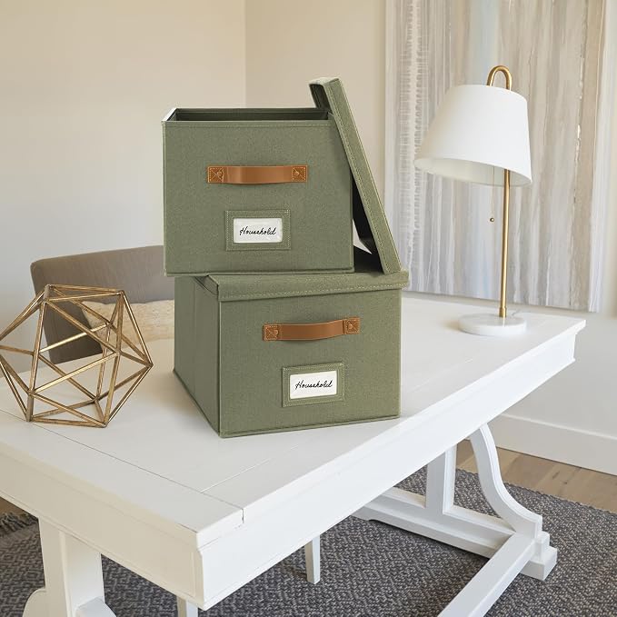ZICOTO Decorative File Organizer Box Set of 2 - Collapsible Linen Filing Cabinets w/Handles Are Perfect to Store all Your Documents & Hanging File Folders - Portable Easy Slide Crates with Lid | Stores Documents and Hanging File Folders - Portable Offi...