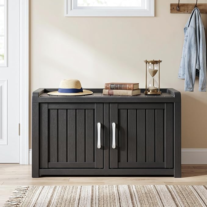 ROJIK Shoe Bench Waterproof UV-Resistant, 2-Tier Storage Cabinet for Outdoor Indoor with Adjustable Shelves, for Entryway Bedroom, Hallway, Living Room(Double Door Premium,Black)