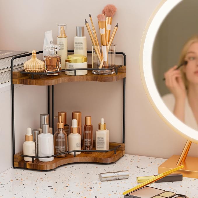2-Tier Corner Bathroom Counter Organizer, Larger Size | Embedded Screw Holes, Sturdy & Stable, Oversized, Holds More, Vanity Shelf for Makeup & Skincare