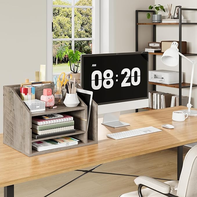 Wooden Desk Organizer with Adjustable Partitions, Multi-Layer Desktop File Holder for Home Office, Paper & Stationery Storage Organizer, Greige MWJ04FH