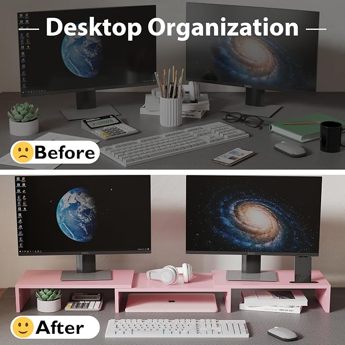 BONTEC Dual Monitor Stand Riser, Adjustable Length & Swivel Angle, Pink | Ergonomic Wooden Desktop Organizer with Smartphone Holder, Computer Monitor Stand for PC, Laptop, Printer and Large Storage