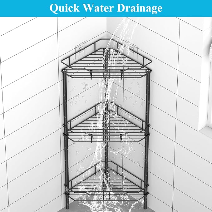 HuggieGems 3 Tier Floor Standing Corner Shower Caddy Organizer Shelf with Hooks, Bathroom Shelves Stand Rack, Black