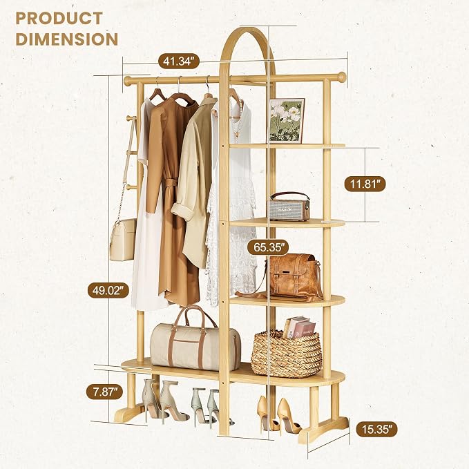 41.3" Wide 3-in-1 Freestanding Clothing Rack, Wooden Coat Rack with 4 Shelves and 5 Hooks,Solid Rubber Wood Coat Rack with Shelves for Entryway, Bedroom, Living Room,Natural