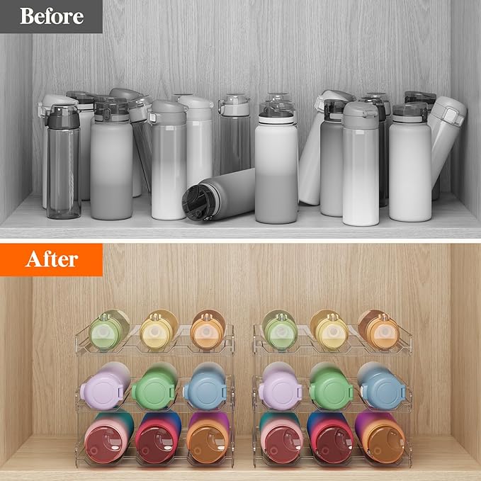 Lifewit 3 Tier Stackable Water Bottle Organizer for Cabinet, Plastic Bottle Holder Fits 9 Bottles/Tumblers up to 3.8" Diameter for Pantry/Countertop/Cupboard, 28 x 19 x 24 cm/11 x 7.5 x 9.5"