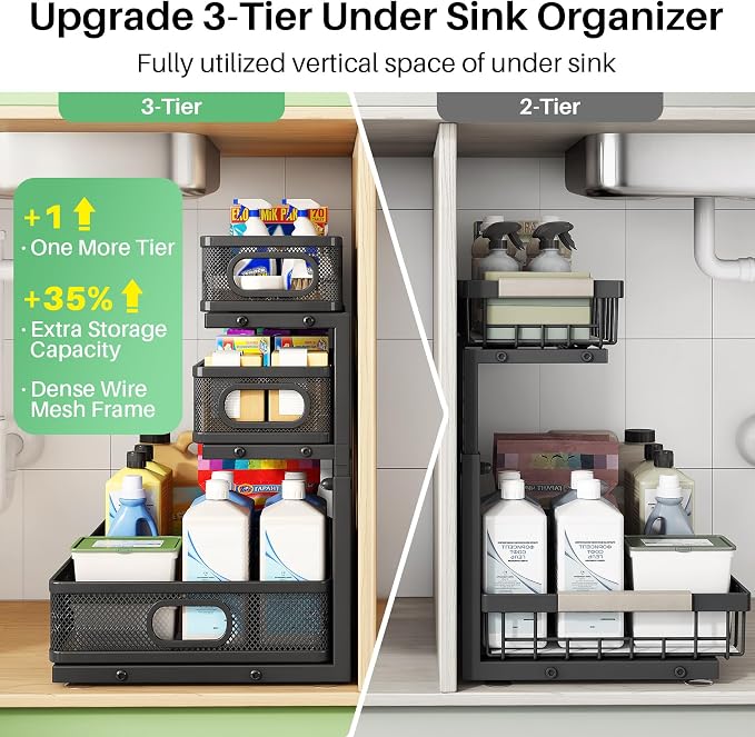 Kitstorack Under Sink Organizer, 1-Pack 3-Tier Height Adjustable Thickened Metal Pull out Cabinet Organizer Shelf, Slide out Storage Drawer Rack for Bathroom Kitchen Pantry Home Laundry Organization