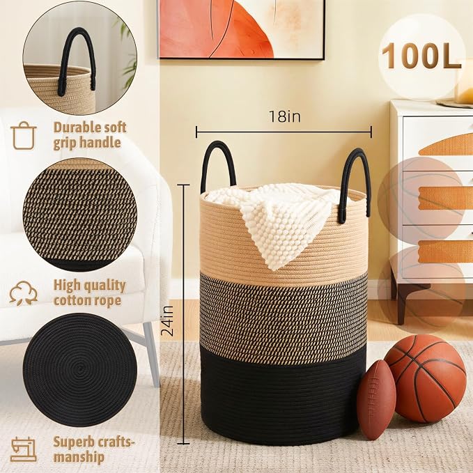 Artfeel Laundry Basket,Woven Cotton Rope Laundry Hamper,100L for Decorative Storage of Dirty Clothes,Toys and Blankets in Bathroom,Bedroom and Living Room
