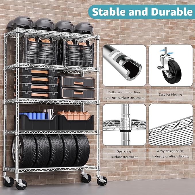 M MZG 5-Shelf Storage Shelves,Wire Shelving Heavy Duty Metal Storage Shelving Unit Adjustable Garage Shelving Rack Pantry Kitchen (Chrome, 5 Tier,17.7" D x 47.2" W x 76.7" H)