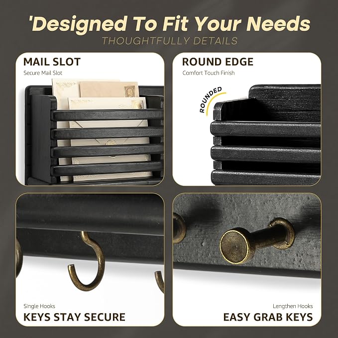 Rebee Vision Key Holder Wall Mount with 8 Key Hooks for Rome Decor, Black | Pine Wood, Key Holder for Wall, Mail Slot, Key Hanger for Keys, Shelf for Plant, Entryway Mail Organizer, Home Improvement