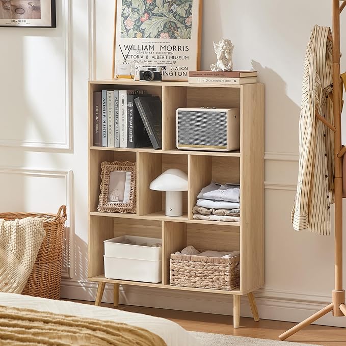 LEYAOYAO Cube Bookshelf, Mid-Century Modern Book Shelf with Legs,Light Wood | 3 Tier Bookcase, Rustic Wood Bookshelves Freestanding Small Storage Organizer, Open Shelves for Bedroom, Living Room, Office