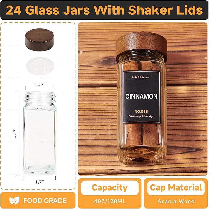 4-Tier Wall Mount Spice Rack Organizer with 24 Glass Jars, 216 Labels & Funnel - Screw/Adhesive Mount, Black Metal & Wood Spice Storage for Kitchen Pantry Cabinet, 11.6”L x 2.4”W x 3.2”H