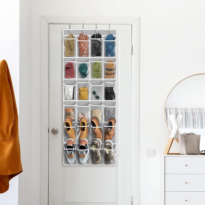 Simple Houseware 24 Pockets Large Clear Over the Door Shoe Organizer, Gray | 56" x 22.5", 4 Durable Metal Hooks, 5" x 9" Pocket Size, Multipurpose