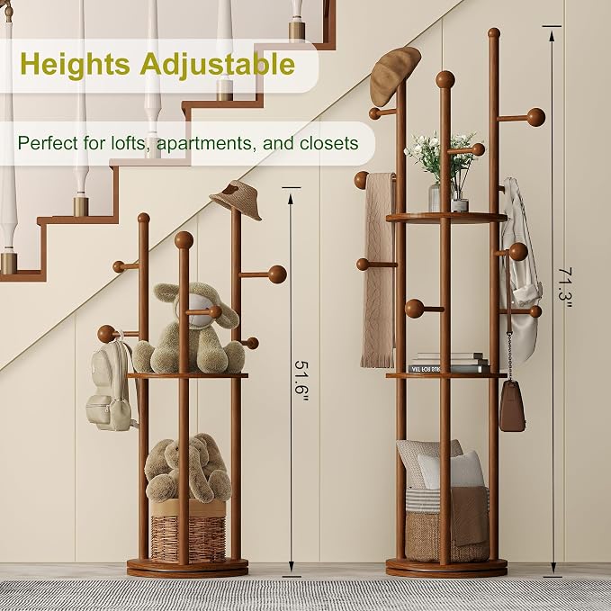 FROMJBEST Coat Rack Freestanding, Coat Tree Entryway, Mid-Century, Walnut | Freestanding, Solid Wood, 9 Hooks & 3 Shelves, for Entryway, Hallway, Bedroom, Living Room, Office, Holds Bags, Hats, Purses