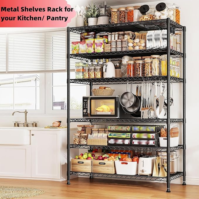 REIBII 75''H 6 Tier Wire Shelving,1800LBS Storage Shelves,Kitchen,Pantry | 19.1mm diameter rods, 300 lbs/shelf, adjustable shelf height with leveling feet, tool-free setup, fits garage/basement