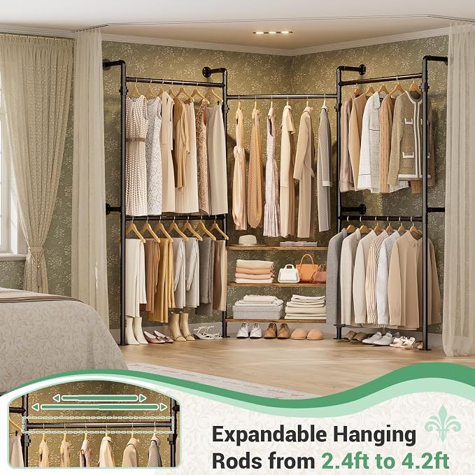Aheaplus Expandable Industrial Pipe Clothing Rack, 7.3-10.9Ft Wall Mounted Closet System, Reversible L Shaped Clothes Rack for Hanging Clothes, Heavy Duty Walk-in Corner Wardrobe Closet, Rustic Brown
