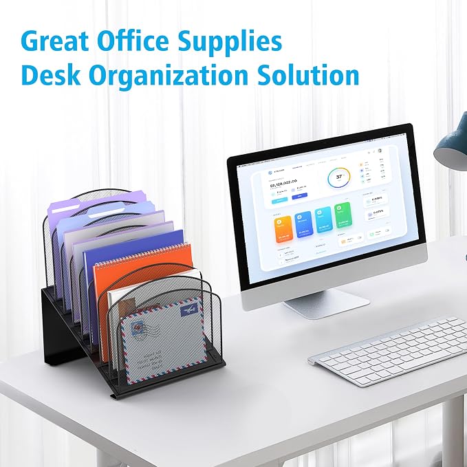 Delifox Inclined Desk File Organizer, 8-Section, Black | Upright Desk File Holder, Standing File Sorter, For Office School Classroom Desktop Organization