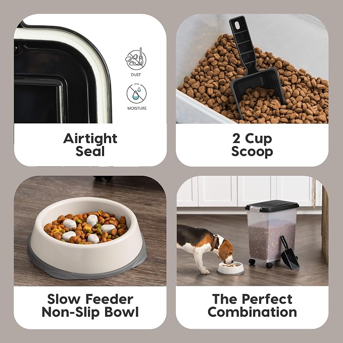 IRIS USA Airtight Dog Food Storage Container with 2-Cup Scoop and Slow Feeder Bowl Combo, Up to 30 lbs Pet Food Bin with Attachable Wheels, Anti-Slip Short Snouted Bowl, Easy to Clean, BPA Free, Black