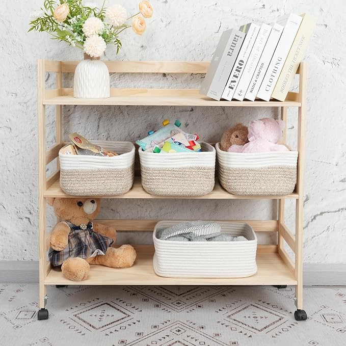 XUANGUO Small Woven Storage Baskets for Shelves, 12" x 8" x 5", White/Brown | Decorative rope storage bins for closets and toy storage; cute organizer baskets, empty gift baskets and nursery storage.