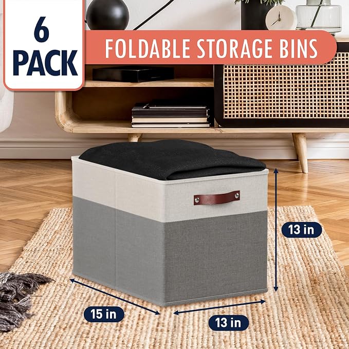 Ornavo Home 13x15x13 Foldable Fabric Storage Cube Bins, 6 Pack, White/Gray | Collapsible Linen Shelf Basket Organizer; Leather Handles; Fits Cube Storage Shelving Units