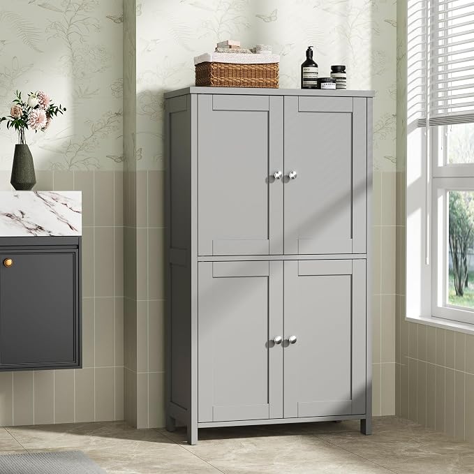 Shintenchi Bathroom Storage Cabinet with Doors and Shelves, Floor Cabinets for Washroom Furniture, Laundry Room, Organization with Adjustable Shelf, Gray