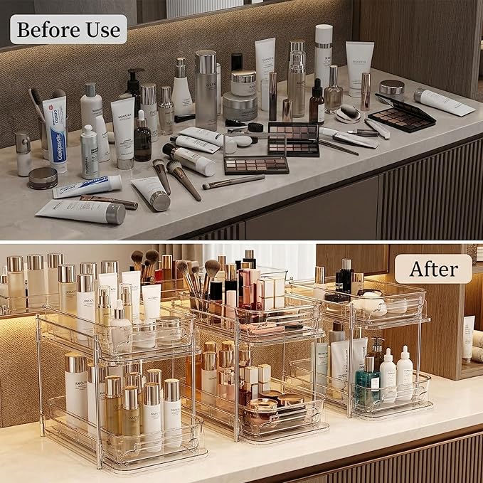2 Tier Bathroom Storage Organizer, 2 Pack Clear Under Sink Organizers, Cabinet Drawer Bins for Vanity Counter, Kitchen, Pantry