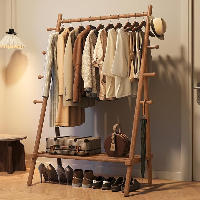 Yoobure Solid Wood Clothes Rack - Heavy Duty Clothing Racks for Hanging Clothes with 8 Hooks, Portable Garment Rack for Dress Shirt Shoe, Freestanding Wardrobe Coat Racks with Shelf for Closet Bedroom