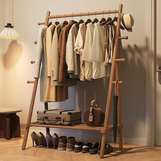 Yoobure Solid Wood Clothes Rack - Heavy Duty Clothing Racks for Hanging Clothes with 8 Hooks, Portable Garment Rack for Dress Shirt Shoe, Freestanding Wardrobe Coat Racks with Shelf for Closet Bedroom