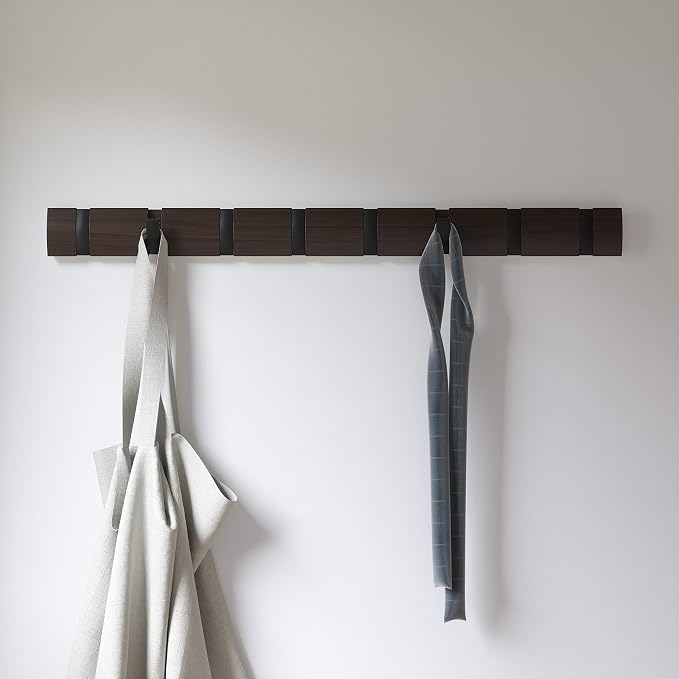 Umbra Flip Coat Rack, Wall Mount 8-Hook, Space Saving, Walnut/Black | Real wood and steel build, retractable hooks fold flat, holds coats bags and scarves, easy install