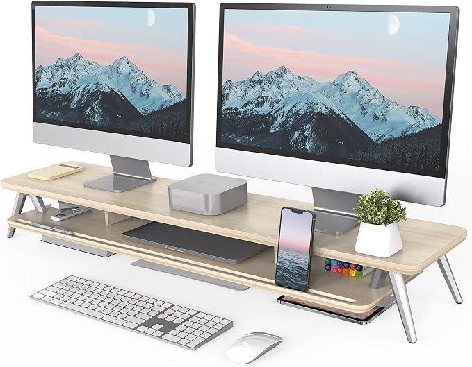 Fenge Dual Monitor Stand Riser, Wooden Desk Shelf with 2-Tier Storage | 42.5-Inch Wide, Sturdy Aluminum Legs, Built-In Phone & Tablet Slot, Desktop Organizer for Office Accessories