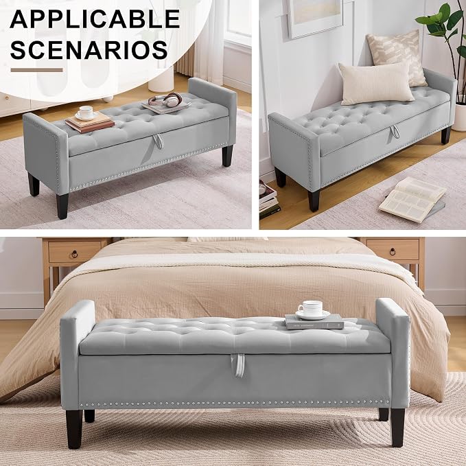 Storage Ottoman Bench, Velvet Upholstered Footstool for Bedroom and Living Room, Tufted Seat with Storage, Wooden Legs & Metal Rivets, Grey